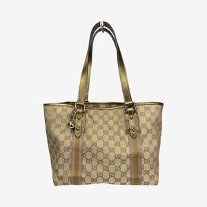 Gucci GG Canvas Gold Leather Trim Tote 137396 002404 with Charm & Cards